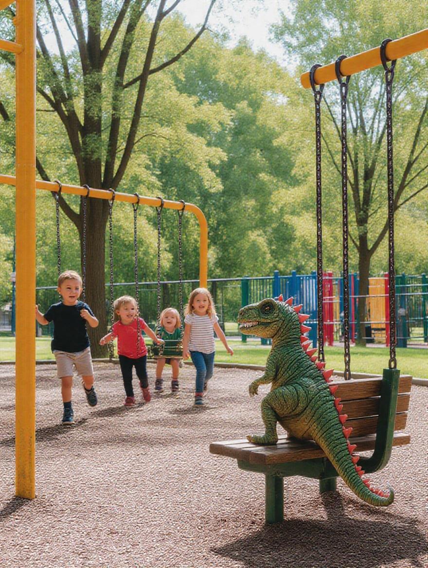 Wide shot of a bright playground with children running and swinging. Baby dinosaur sits on a bench at the edge, tail gently swaying while watching them.