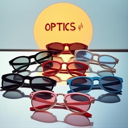 Various sunglasses are displayed in a vibrant and elegant arrangement. Colors include black, red, blue, pink, and white. Sunglasses sit on a shiny reflective surface. A sun disc with the inscription 'OPTICS 6/6' is positioned behind the sunglasses.