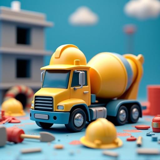 Isometric perspective of a 3D model. A happy truck surveys a colorful construction landscape. Trucks, shovels, and pickaxes are present. The scene includes a concrete mixer, hard hats, boots, and gloves. The background features an unfinished building. The color palette includes yellow, dark blue, and red.