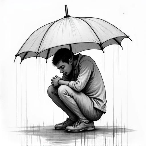 A tired person crouches under a broken umbrella surrounded by vertical lines representing rain. The style is a scribbly emotional sketch featuring pencil and ink wash. The mood is dreary with an ironic touch. The composition includes crosshatched clouds and wet puddle effects.