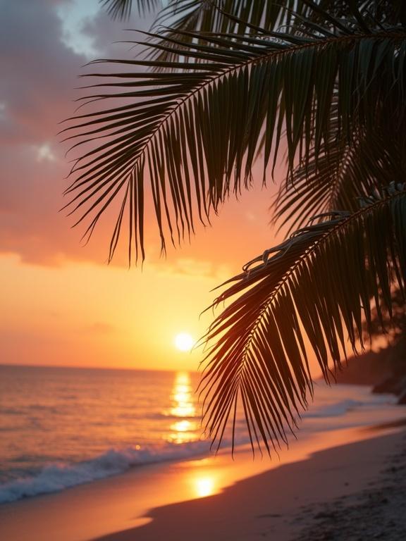 Palm tree close-up on beach during sunset. Warm colors fill the sky. Calm ocean in the background. Soft waves gently hitting the shore.