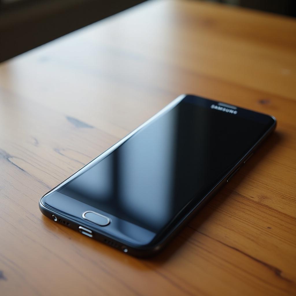 This image features a sleek SAMSUNG smartphone resting on a wooden table. The phone's screen is turned off, showcasing its minimalist design with a black glass front. The focus is on the phone, highlighting its slim profile and silver accents. Natural light enhances the glossy texture of the phone's surface. The wooden table adds a warm contrast to the modern device, creating a cozy yet sophisticated atmosphere.