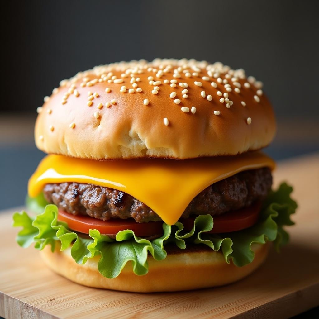 Plain burger with cheese on top of the top bun. Juicy meat patty with melted cheese. Fresh lettuce and tomato. Sesame seed bun on top. Wooden surface as background.