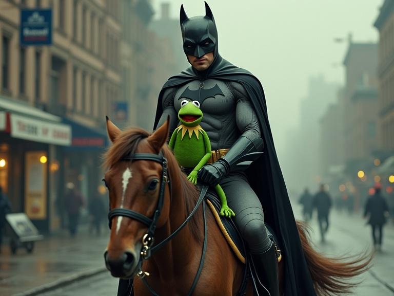 Batman wearing a dark costume sits on a horse. Kermit the Frog is sitting beside him. Scene takes place in a city with foggy weather.