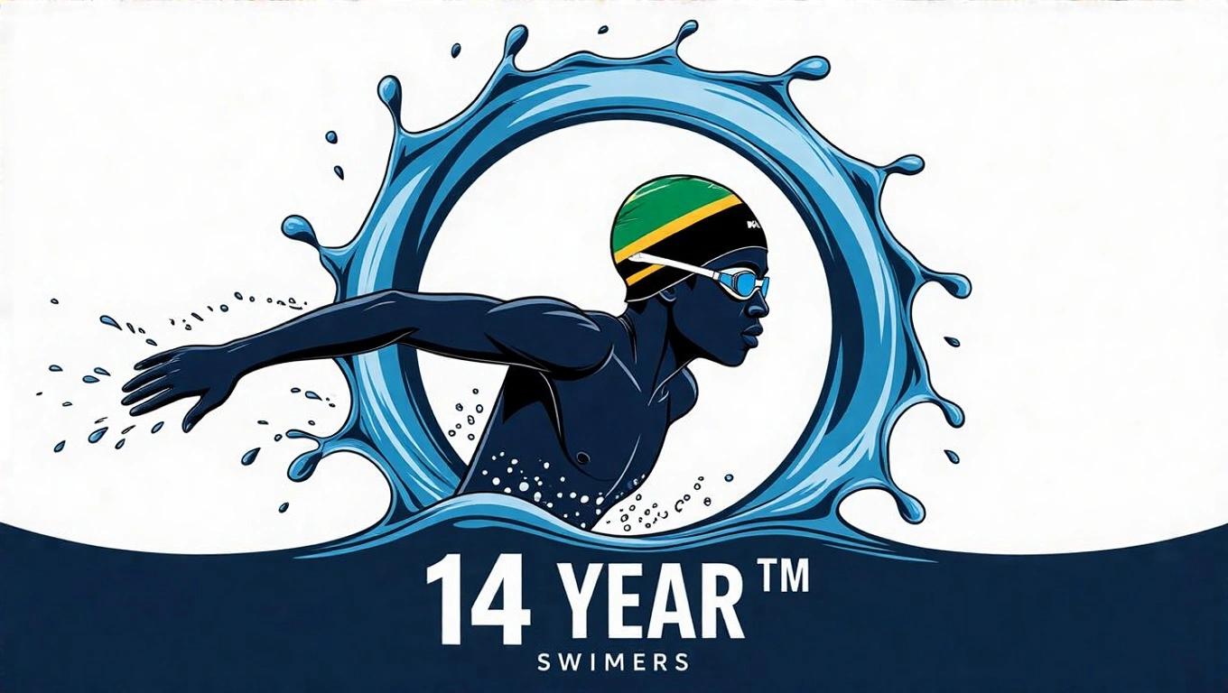 Illustration of a 14 year old indian african male swimmer mid-freestyle stroke. Swimmer wears a green and black swim cap with Tanzanian flag colors and blue-tinted goggles. Silhouette in deep navy tones on a white background. Circular splash of water frames swimmer. Phrase 'GO KHAI!!' in bold letters above artwork with colorful stripes.