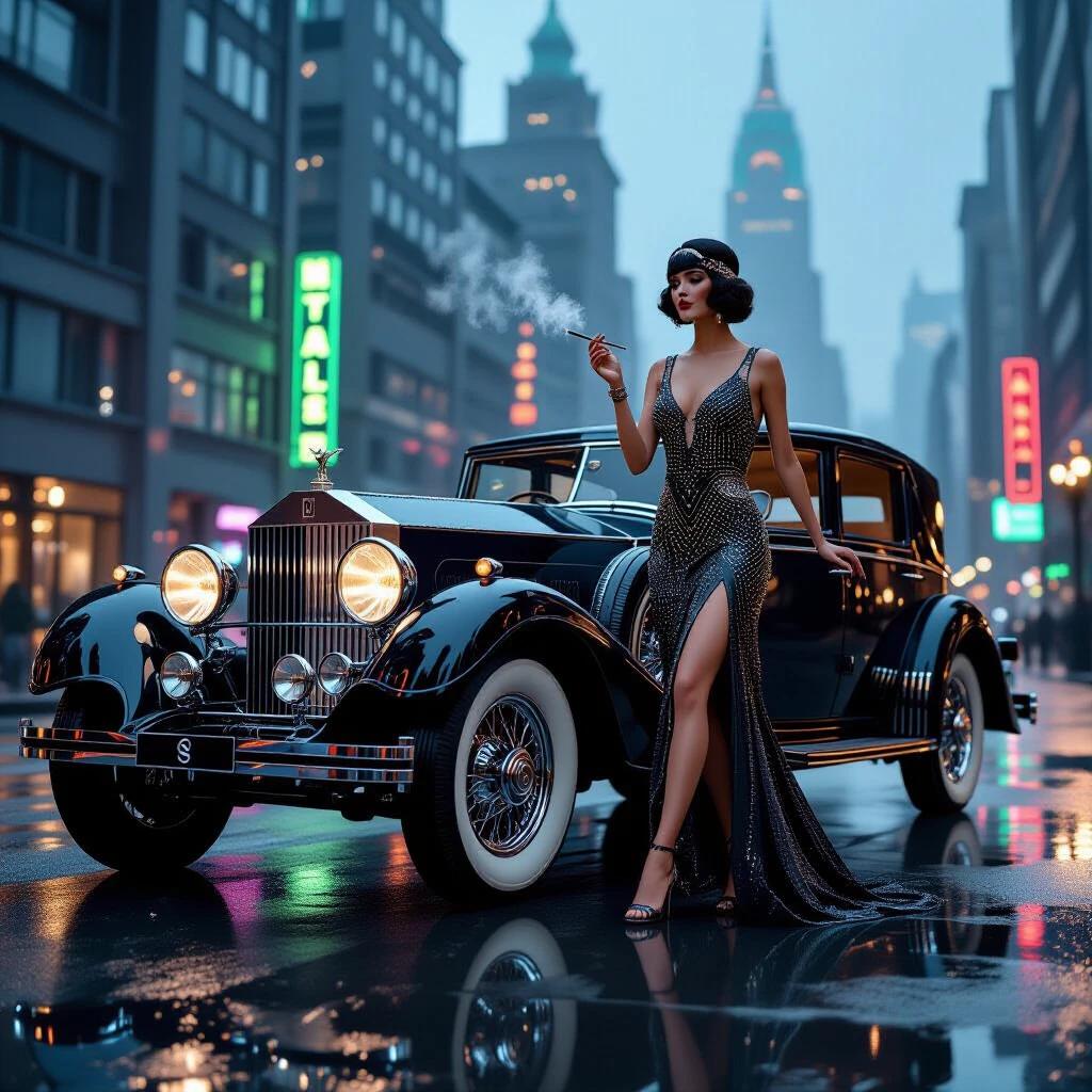 A woman in a beaded flapper dress steps down from a vintage Rolls-Royce Phantom II. The car features chrome details reflecting city lights. She holds a cigarette holder with one silk-clad leg extended. Skyscrapers and neon signs loom in the fog. The scene boasts hyperrealistic qualities and cinematic lighting.
