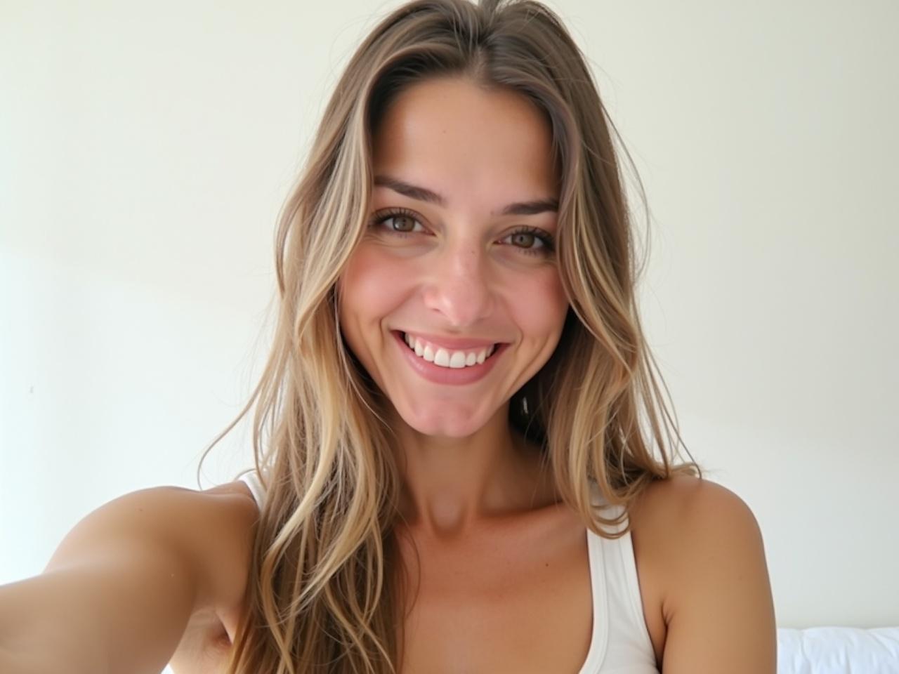 A person is taking a selfie, featuring long, straight hair cascading down their shoulders. They are wearing a sleeveless, white top, with natural lighting highlighting their features. The background is bright and minimalist, enhancing the focus on the individual. Overall, the image conveys a sense of calm and simplicity, with a soft, inviting atmosphere.