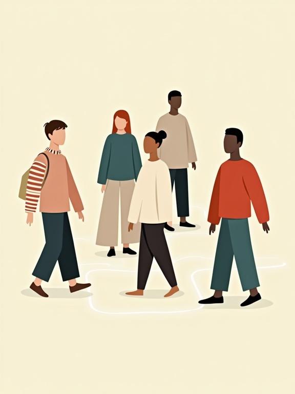 Minimalist flat vector illustration of diverse human characters in a maze. Characters have exaggerated body types with long limbs and blocky shapes. Clothing is in neutral, muted colors. The style is clean, with sharp color blocking and playful postures.