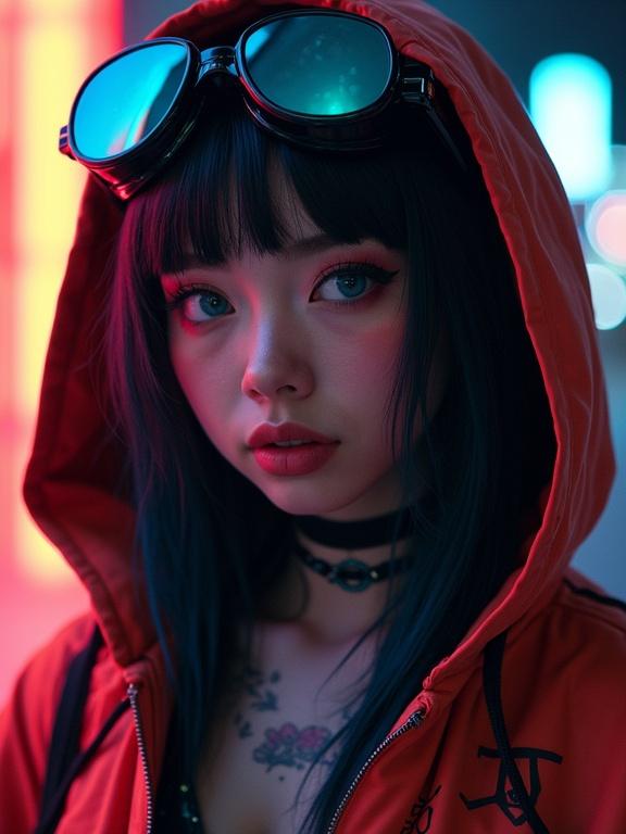 Full body shot of a cyberpunk girl with futuristic goggles and a hoodie. Heavy makeup, realistic skin. Side-cut hairstyle with bangs. Warm smile and tattoos on her neck. Night beach background with glowing elements.