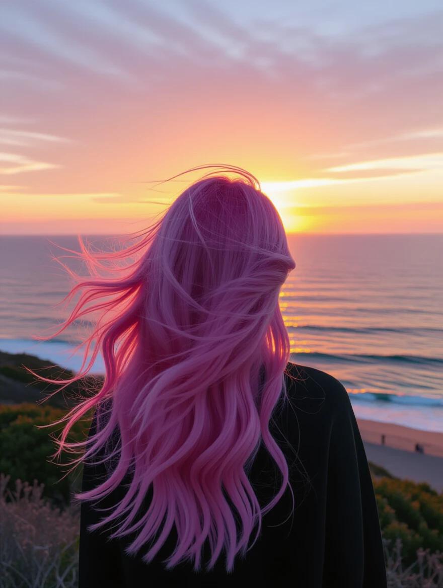 Photo shows a silhouette of a person with long luxurious pink hair with blue dyed ends blowing in the wind. The individual is watching a beautiful sunrise over the ocean. The waves gently lap at the shore below. The sky displays warm colors as day breaks.