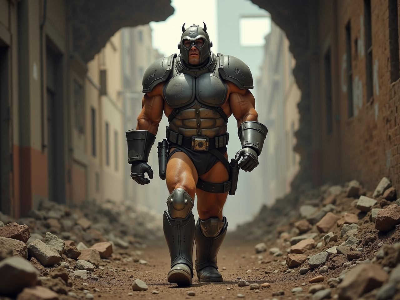 A very muscular man with broad shoulders is walking through a broken factory wall. He is dressed in a light brown bodysuit with metallic armor covering his arms and legs. On his head, he wears a bulldog helmet, giving him a fierce look. In one hand, he carries brass knuckles, and he has a utility belt slung around his waist. Dust and debris scatter around him as he strides confidently down the rubble-strewn path.