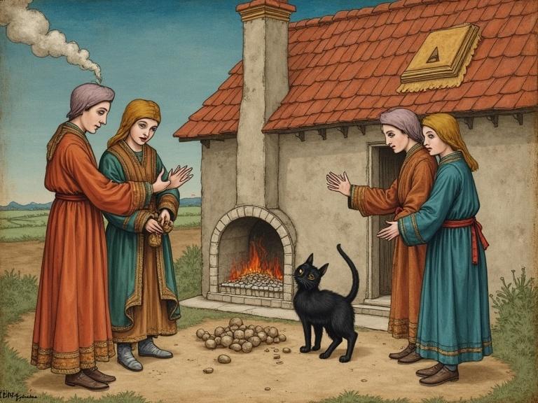 Scene depicts a rural cottage with a family in russet and teal robes throwing stones at a black cat. Smoke curls from the chimney. The family's expressions show fear and confusion. The artwork reflects a late-15th-century illuminated manuscript style with fine outlines and a parchment texture.