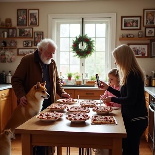 Elderly man with white hair in a brown coat stands at a kitchen table. Woman with long hair in black top takes photo. Little girl in pink sits at the table. Shiba Inu dog is on the left side. Table is filled with pizzas and apples. Warm family kitchen with wooden floor and Christmas wreath.