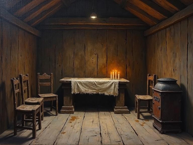 Oil painting of a dim interior in a small medieval hut. The hut has dark wooden walls and an uneven structure. At one end stands a rough wooden table used as an altar. A stained cloth is on the table with candles providing soft light. Chairs are arranged around the altar. An old rusted furnace is in the corner. The atmosphere is solemn and introspective.