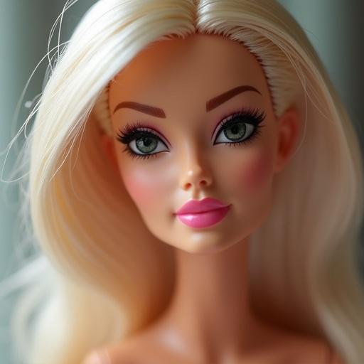 Closeup image of a beauty-themed plastic doll. Focus on facial features and hair design. Captivating expression with makeup enhancements.