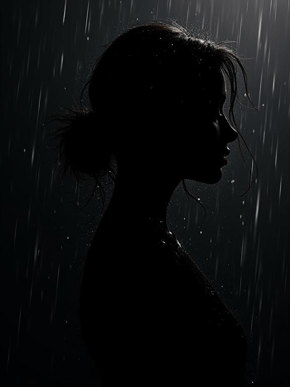 Abstract digital oil painting of a woman's silhouette in rain. Negative-space design on a solid black background. Edges traced by glinting rain. Droplets catch pale light. Emphasize sharp reflections. Create stormy noir feel without color or texture.