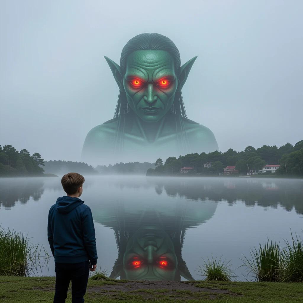 A young boy stands gazing at a lake. A giant elf with glowing red eyes is partially hidden in the fog above the water. The setting is mystical and serene with a reflection in the lake.