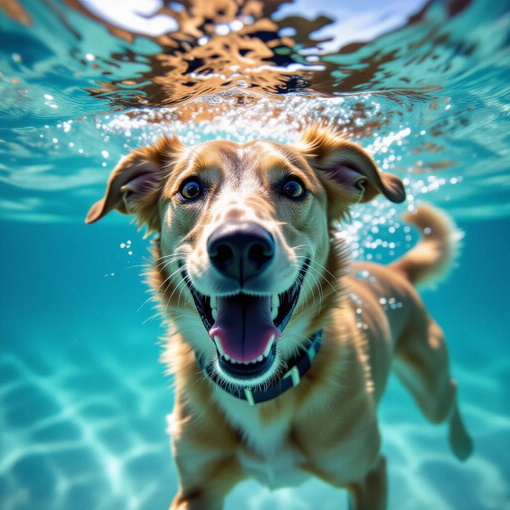 Photography of a happy, smiling dog swimming underwater towards the camera, tongue out, bright lighting on a sunny day, turquoise water, looking at the camera, captured with a Sony A7 III and 85mm telephoto lens.