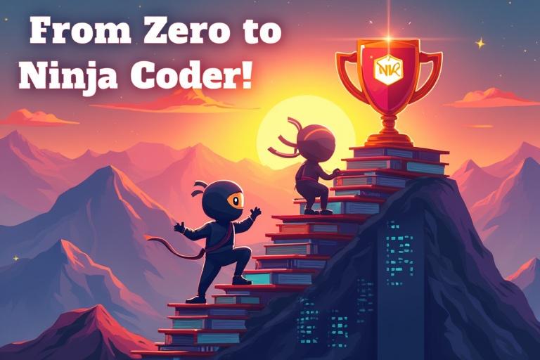 Text present at the top states 'From Zero to Ninja Coder!' Cartoon ninja ascends book staircase. Top features glowing trophy with Ninja Code Academy logo. Background shows sunrise over mountains symbolizing growth. Overall feel is colorful and motivational.