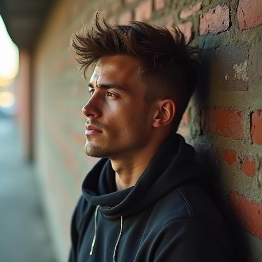 Medium view portrait of young sporty man leaning against a brick wall. Film grain and vivid color grading with cinematic lighting.