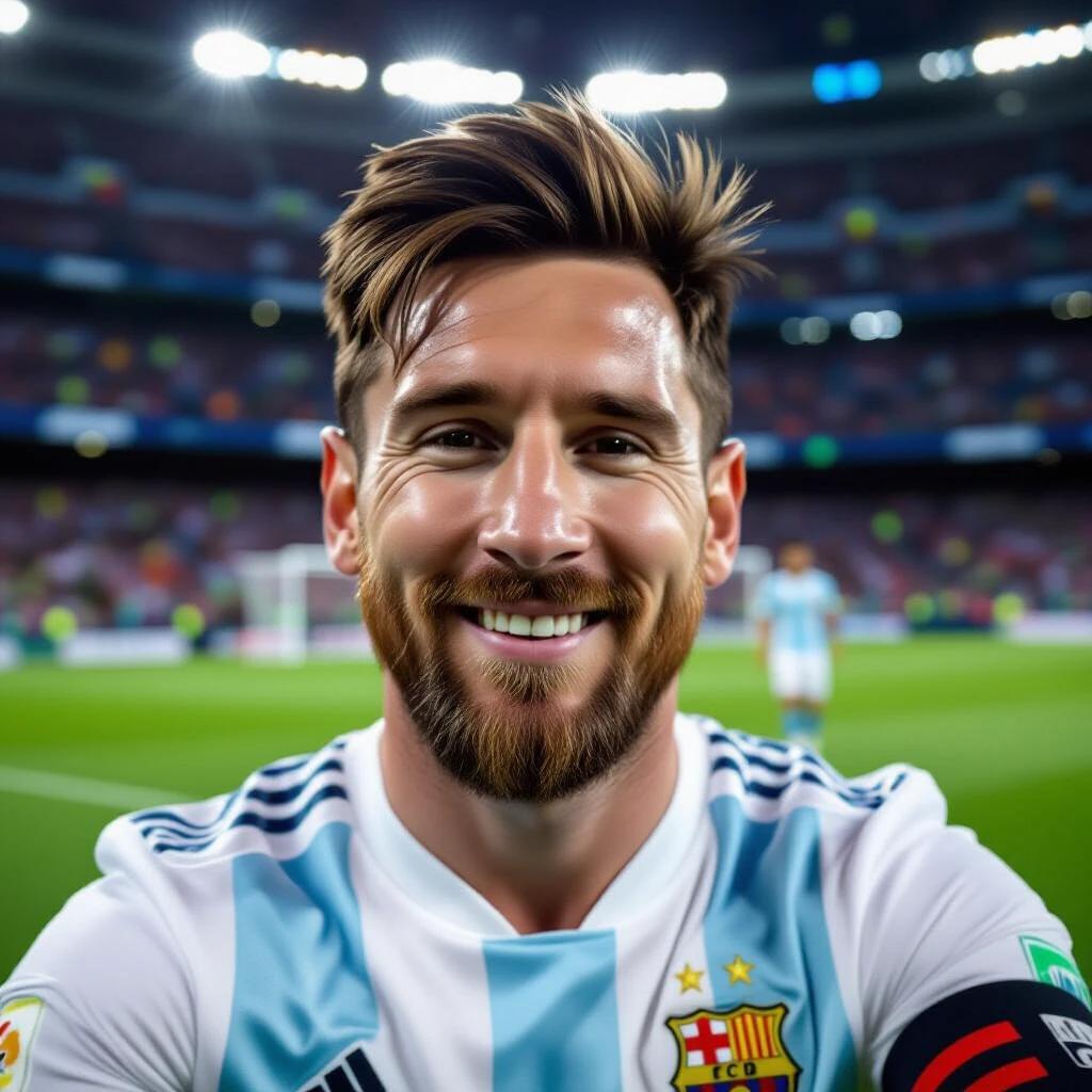 Messi taking a selfie in a football stadium during a game wearing an Argentine jersey. A blue light filter enhances the image.