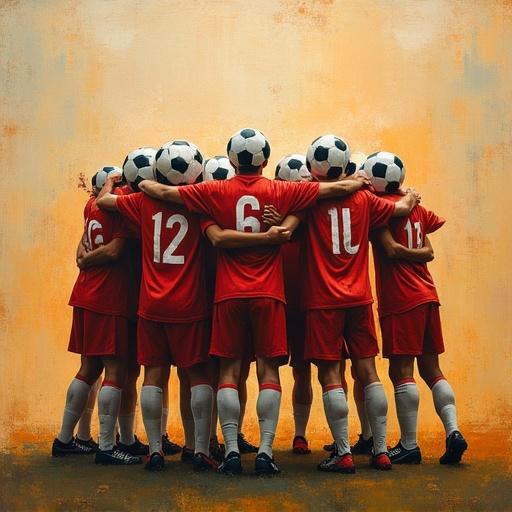 Faceless soccer ball players celebrating in a team huddle. Oil painting style with rich brushwork. No background or faces. Warm tones and canvas texture. Safe for work imagery.