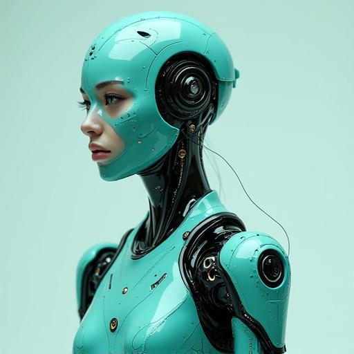 Futuristic portrait of an android with cybernetic features. Shine bright teal decorations on the body. Exhibit sleek and advanced design.
