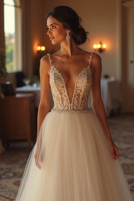 Beautiful bride wearing gown with plunging neckline at a party. Dress features delicate embellishments and flowing skirt. Displays elegance and curves.