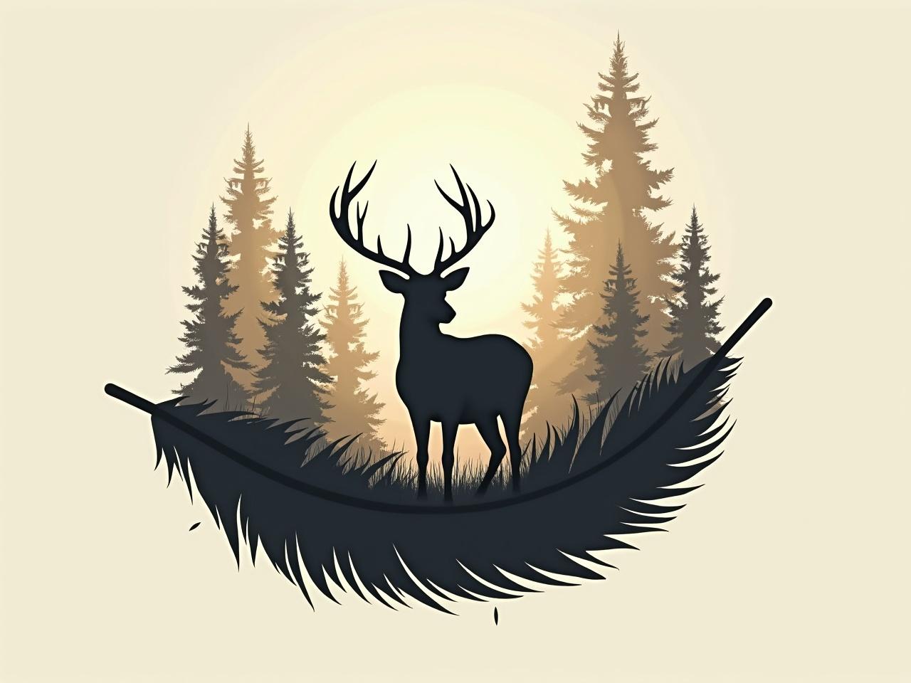 This digital illustration captures a serene nature scene featuring the silhouette of a deer. The deer stands majestically against a backdrop of towering forest trees, which evoke a sense of wild tranquility. The entire composition is superimposed on a large feather, symbolizing lightness and connection to the natural world. The warm colors in the background suggest a sunrise, creating a peaceful ambiance. This artwork embodies themes of wildlife, conservation, and the beauty of nature.