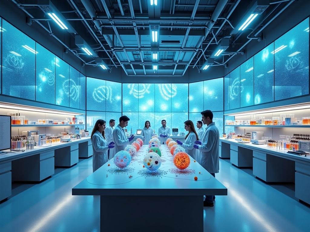 The image depicts a modern biotech laboratory bustling with activity. Scientists in lab coats are gathered around a large table, examining colorful molecular models representing various biological elements. The backdrop features high-tech screens displaying dynamic scientific visuals. Bright blue lighting enhances the futuristic atmosphere of the lab. This setting emphasizes collaboration and innovation in the pharmaceutical and biotechnology fields.