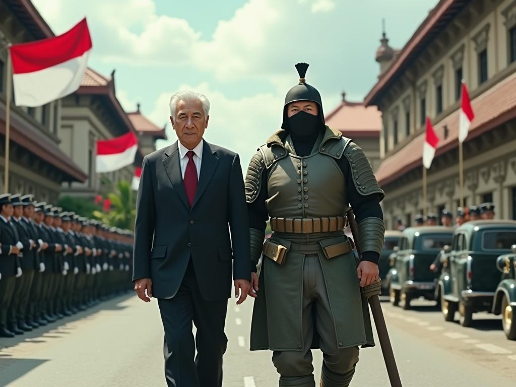 Soeharto walks with Tobirama Senju. Soeharto wears a dark suit. Tobirama is in ninja attire. They walk on a historic street. Authentic Indonesian architecture surrounds them. Military personnel stand in formation. Indonesian flags wave above. Scene blends political legacy with ninja mythology.