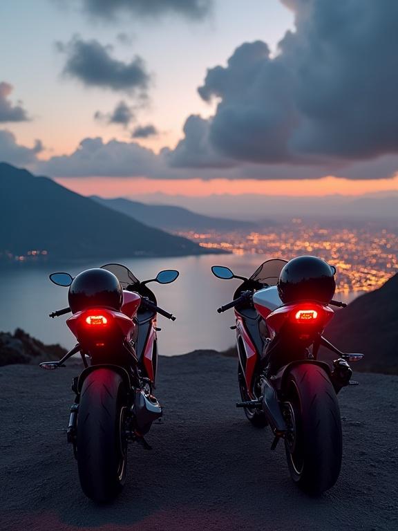 Two hyper-realistic sport motorcycles on mountain overlook at dusk facing glowing cityscape below. Bikes are sleek, one red and one white with red accents. Rear lights are illuminated, casting soft glow on pavement. Each has rider's helmet on the seat or mirror. Background has lake, dark mountain silhouettes, and cloudy sky lit by sunset. Below, city lights twinkle like stars. Mood is peaceful and adventurous with cinematic quality.