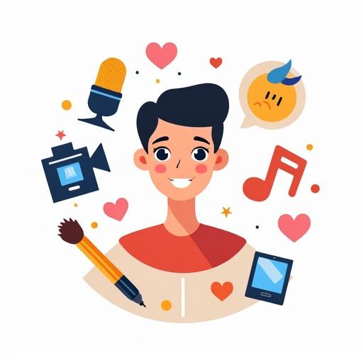 Icon shows creative person surrounded by content creation symbols. Video camera, microphone, paintbrush, pen, music note, smartphone included. Modern and colorful vector style with clean lines. Simple background for profile or logo use.