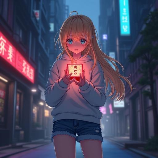 Anime-style girl with golden blonde hair and blue eyes standing in a quiet city corner at midnight. Surrounded by flickering neon lights and towering buildings. Wearing a white hoodie denim shorts and sneakers. Hair cascading over shoulders and holding a glowing red Hell Cube with mysterious runes.