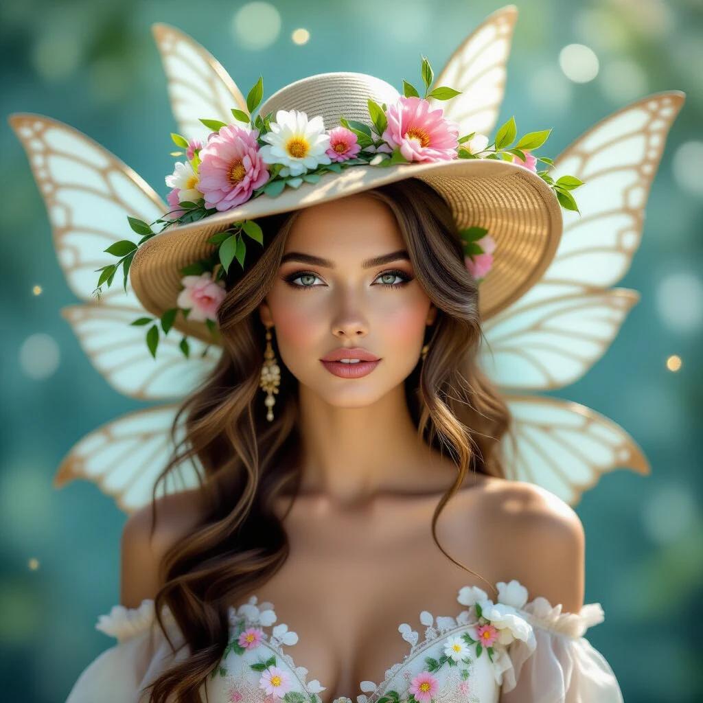 A serene expression with soft features. A beautiful figure emerges in a floral-themed ensemble highlighting her neck and shoulders. Long, wavy hair cascades, intertwined with green leaves. A golden hat embellished with vibrant flowers and magnificent white wings. Backdrop of soft blue and gold hues creating a magical quality.