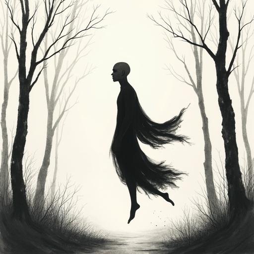 Bald human silhouette in white color. Male figure is floating with flowy body movement. Set in a forest. Monochrome minimalist sketch style. Delicate ink lines on textured paper. Evokes a serene mood. Inspired by traditional Asian brushwork.