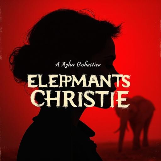 Create a thumbnail for a thriller book. Background is deep red. Shadowy silhouette of a woman with 1960s vintage hair. Elephant barely visible in the background. Bold white text for title. Add aged paper texture or blood splatter effect.