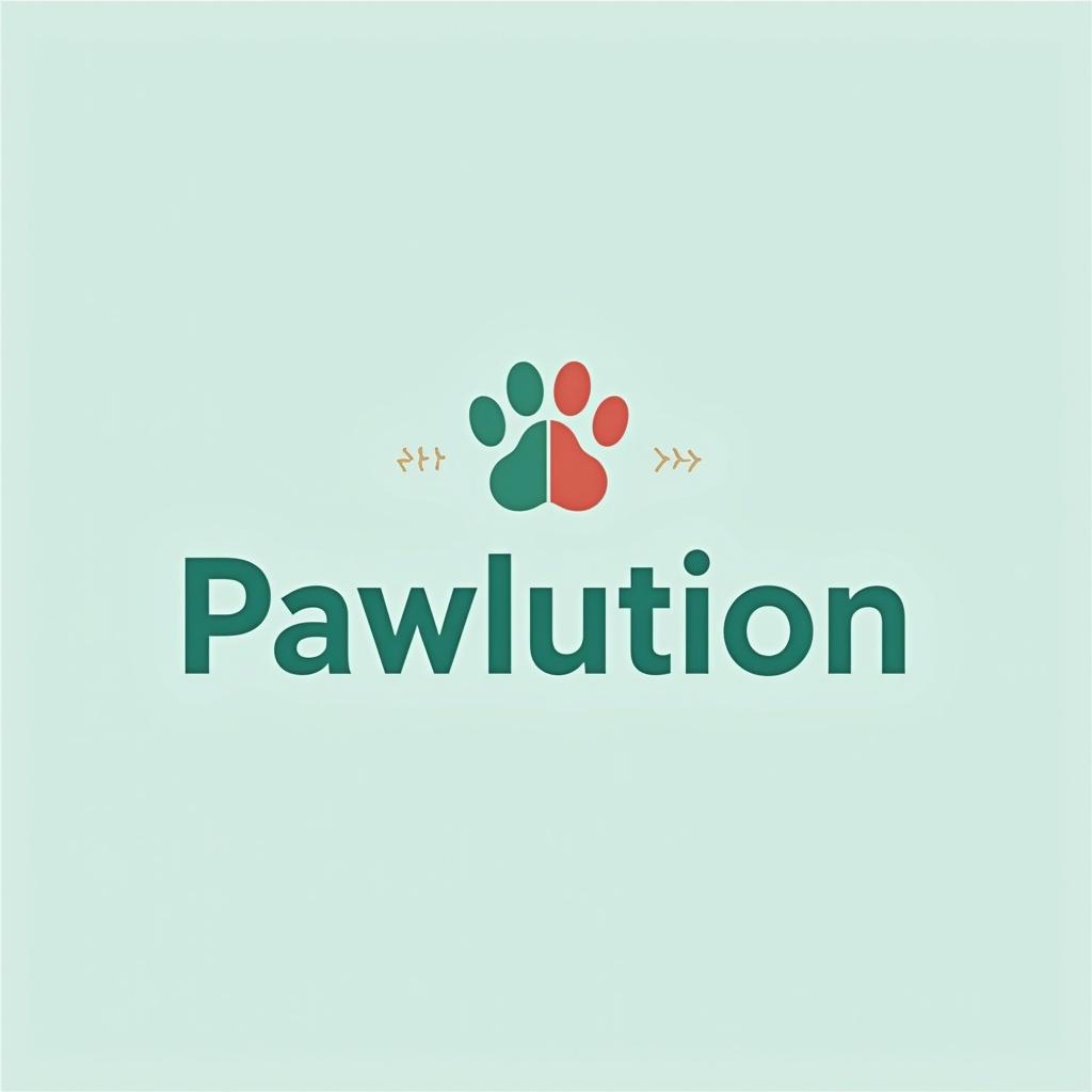 High-quality logo for Pawlution brand focusing on pet care. Features a modern design with paw print and eco-friendly elements. Uses clean and readable font with soft warm colors.