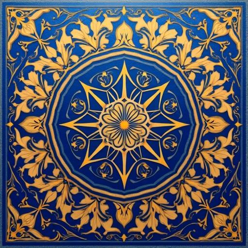 Ornamental arabesque mosaic with calligraphy. Digital illustration depicting traditional Islamic geometric art style. Features intricate symmetry and golden fractals. Dominant colors are lapis blue, gold, and white. Utilizes flat ambient light.