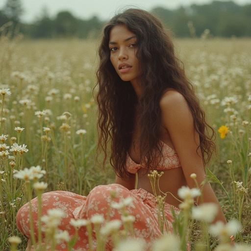 Retro 70s style photography featuring a young woman with long hair sitting in a flower meadow. Portrait showcases natural beauty with an intimate feel.
