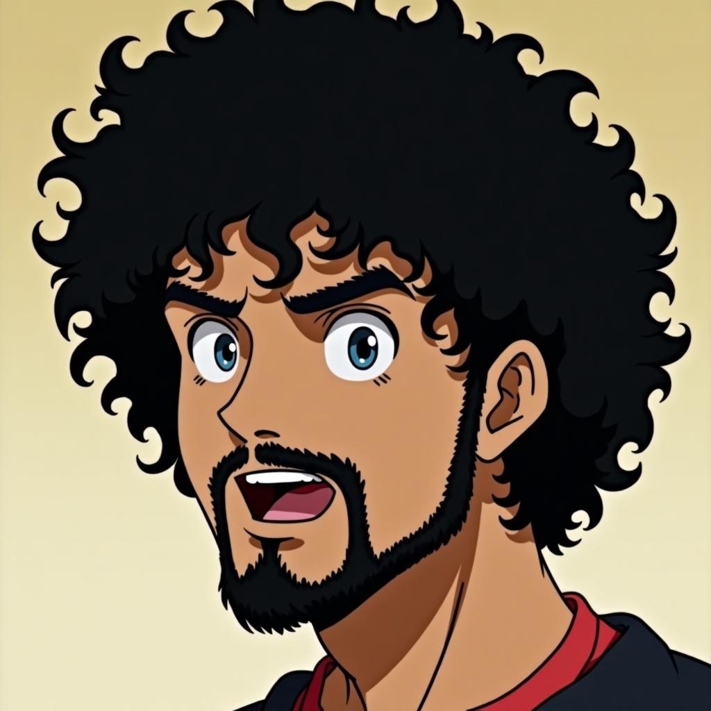 Anime-style character with black curly hair, brown skin, goatee, and mustache.