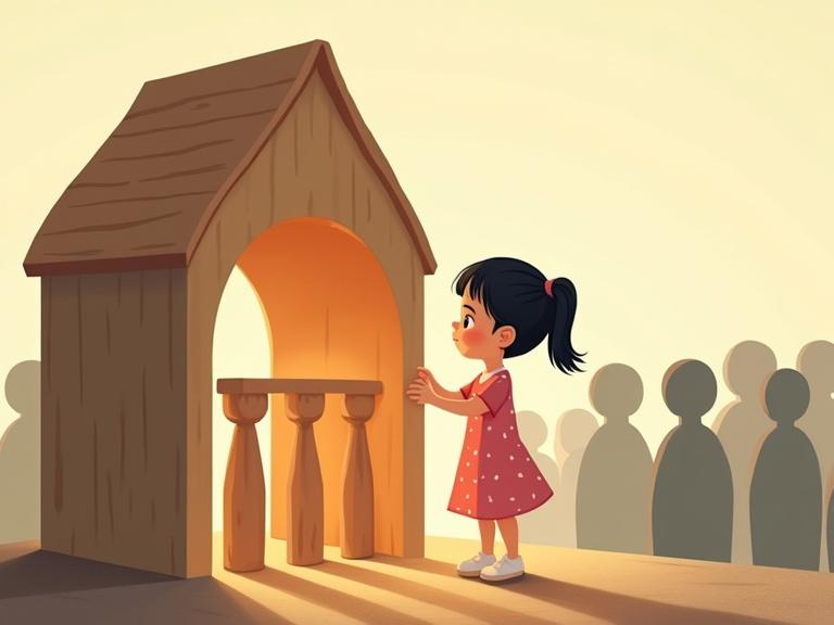 Flat-style children's book illustration features a young girl inside a small wooden house with a dome roof. She has a black ponytail and wears a pink polka-dotted dress. The girl is placing a fifth wooden column back with love. The house glows warmly. Faceless gray silhouettes surround her. Soft warm lighting creates a peaceful atmosphere.