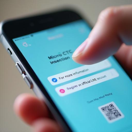 Close-up image of smartphone screen with Micro CTC Inspection button and Register an official LINE account button. Finger lightly taps the button. Search window icon and QR code visible at bottom. Clear design with bright colors. Trustworthy appearance. Easy-to-read text aligns with modern aesthetics.