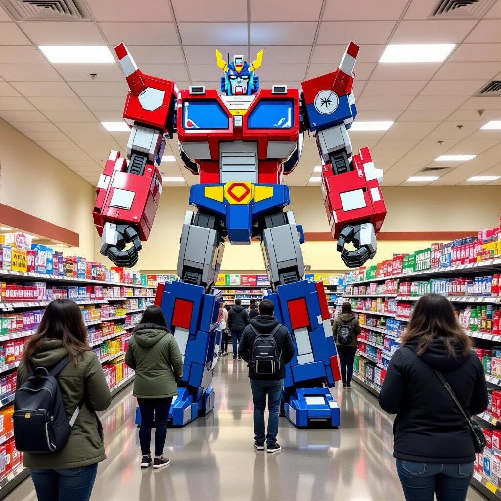 Massive Voltron robot shops in Trader Joe's. Towering over shoppers. Robot has arms and legs of lion robots. Nearby shoppers are looking at the robot. Candid amateur photography with slight distortion.