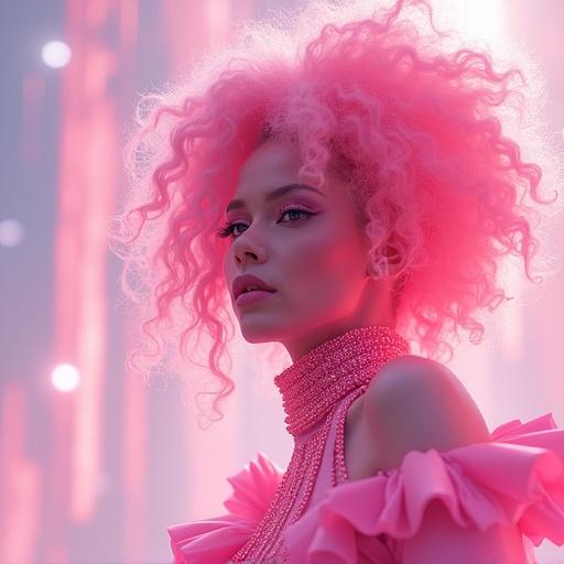 Model features gigantic pink hair and vibrant pink attire. Fashion style merges anime aesthetics with futuristic couture. The setting has a galactic theme with streetwear elements. The visual presentation is bright and intoxicating.