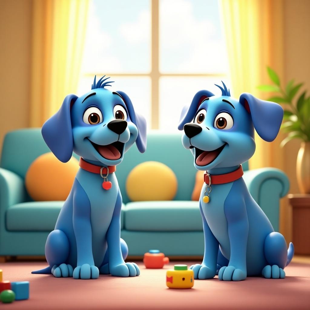 Two animated blue dogs are in a bright living room. They have cheerful expressions. Setting includes a sofa, window, colorful toys on the floor.