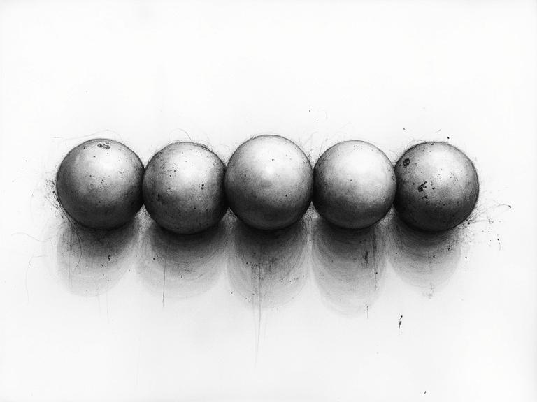 Graphite sketch of five metallic spheres in black and white. Spheres arranged in a straight line. Light shadows and reflections under the spheres. Simple background with a soft gradient.