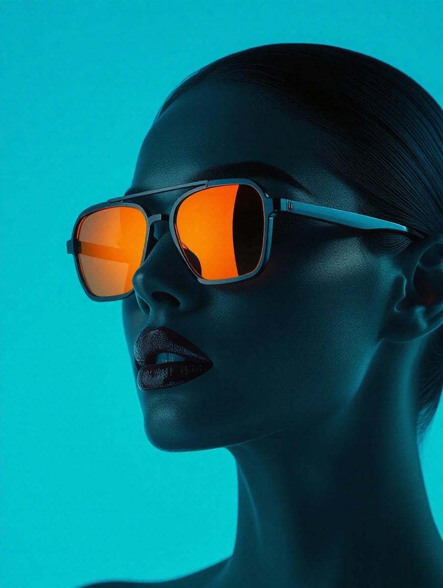 Dark silhouette of a model's face wearing sunglasses. Turquoise gradient background with orange reflections on the sunglasses. Emphasis on minimalism and backlighting. Futuristic and high-end fashion look.