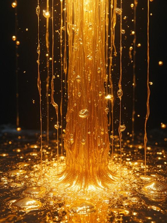Melting liquid gold with flowing strands and bubbles. Close-up view showing the texture and luminosity. Dramatic golden flow against a dark background. Abstract and artistic representation in a 3D style.