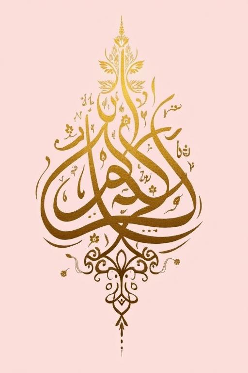Intricate Arabic calligraphy design with golden ink on baby pink background. Symmetrical and elegant. Beautiful and joyful expression.